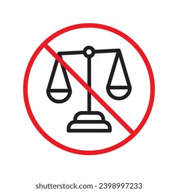 Icono vectorial de balance prohibido. Advertencia, precaución, atención, restricción, etiqueta, prohibición, peligro. No hay ningún símbolo de pictograma de diseño de signo plano de equilibrio. Icono de la ley del juez