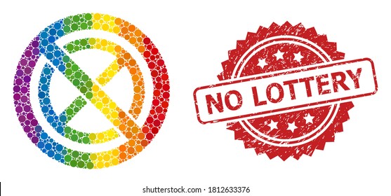 Forbidden ban collage icon of round elements in different sizes and rainbow colored color tinges, and No Lottery textured rosette stamp seal. A dotted LGBT-colored Forbidden ban for lesbians, gays,