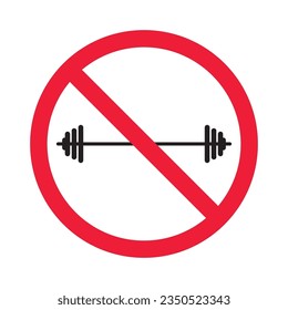 Forbidden barbell vector icon. Warning, caution, attention, restriction, label, ban, danger. No barbell flat sign design pictogram symbol. No barbell icon