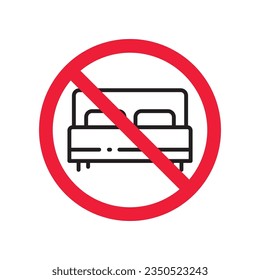 Forbidden bed vector icon. Warning, caution, attention, restriction, label, ban, danger. No bed ball flat sign design pictogram symbol. No bed icon