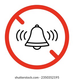 Forbidden bell and loud sound, ban noise sign. Prohibited bell ring symbol. Stop music, restriction sound. Silence icon. Vector sign