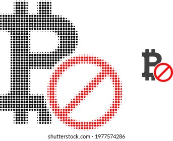 Forbidden bitcoin halftone dotted icon illustration. Halftone pattern contains circle elements. Vector illustration of forbidden bitcoin icon on a white background.
