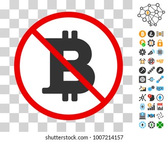 Forbidden Bitcoin icon with bonus bitcoin mining and blockchain graphic icons. Vector illustration style is flat iconic symbols. Designed for crypto currency software.