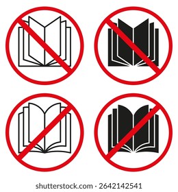 Forbidden book symbol. Red slash icon. Censored reading Vector. Warning circle sign.