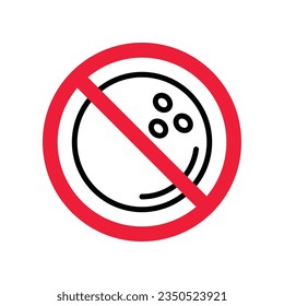 Icono vectorial del pasador de boliche prohibido. Advertencia, precaución, atención, restricción, etiqueta, prohibición, peligro. No hay símbolo de pictograma de diseño de señal plana para bolas. No hay icono de boliche