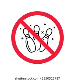 Icono vectorial del pasador de boliche prohibido. Advertencia, precaución, atención, restricción, etiqueta, prohibición, peligro. No hay símbolo de pictograma de diseño de señal plana para bolas. No hay icono de boliche