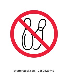 Icono vectorial del pasador de boliche prohibido. Advertencia, precaución, atención, restricción, etiqueta, prohibición, peligro. No hay símbolo de pictograma de diseño de señal plana para bolas. No hay icono de boliche