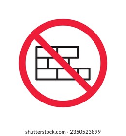 Icono vectorial de pared de ladrillo prohibido. Advertencia, precaución, atención, restricción, etiqueta, prohibición, peligro. No hay símbolo de pictograma de diseño de letrero plano de pared de ladrillo. Sin icono de pared