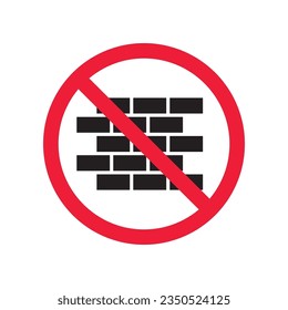 Icono vectorial de pared de ladrillo prohibido. Advertencia, precaución, atención, restricción, etiqueta, prohibición, peligro. No hay símbolo de pictograma de diseño de letrero plano de pared de ladrillo. Sin icono de pared