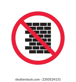 Forbidden brick wall vector icon. Warning, caution, attention, restriction, label, ban, danger. No brick wall flat sign design pictogram symbol. No wall icon