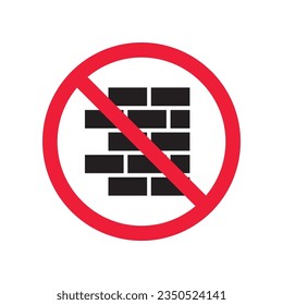 Icono vectorial de pared de ladrillo prohibido. Advertencia, precaución, atención, restricción, etiqueta, prohibición, peligro. No hay símbolo de pictograma de diseño de letrero plano de pared de ladrillo. Sin icono de pared