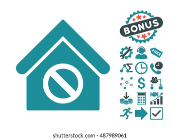 Forbidden Building icon with bonus symbols. Vector illustration style is flat iconic bicolor symbols, soft blue colors, white background.