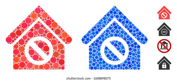 Forbidden building mosaic of small circles in different sizes and color tints, based on forbidden building icon. Vector small circles are grouped into blue illustration.