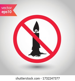 Icono de vela prohibido. No hay señal de vector de vela. Restricción de advertencia de velas prohibida. No hay ningún icono de advertencia de incendios. Pictograma del símbolo de atención plana EPS 10