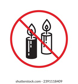 Icono de vela prohibido. No hay señal de vector de vela. Icono de la vela de peligro de la etiqueta de restricción de advertencia prohibida.  Cuidado o concepto de atención. No hay icono de restricción de incendios. Símbolo plano de velas pictograma UX UI