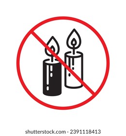 Forbidden candle icon. No candle vector sign. Prohibited Warning restriction label danger candle icon.  Caution or attention concept. No fire restriction icon. Candle flat symbol pictogram UX UI