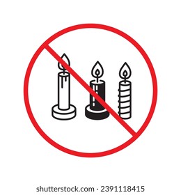 Icono de vela prohibido. No hay señal de vector de vela. Icono de la vela de peligro de la etiqueta de restricción de advertencia prohibida.  Cuidado o concepto de atención. No hay icono de restricción de incendios. Símbolo plano de velas pictograma UX UI