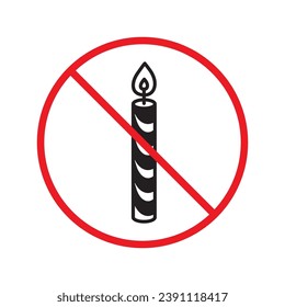 Icono de vela prohibido. No hay señal de vector de vela. Icono de la vela de peligro de la etiqueta de restricción de advertencia prohibida.  Cuidado o concepto de atención. No hay icono de restricción de incendios. Símbolo plano de velas pictograma UX UI