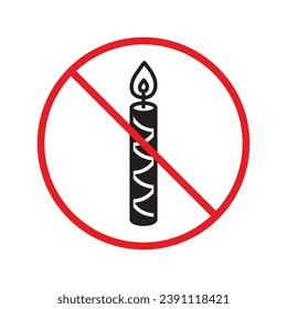 Forbidden candle icon. No candle vector sign. Prohibited Warning restriction label danger candle icon.  Caution or attention concept. No fire restriction icon. Candle flat symbol pictogram UX UI