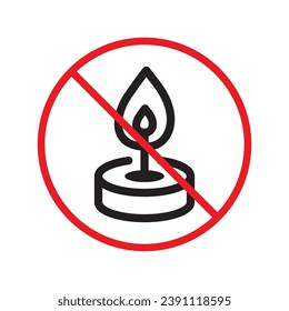 Forbidden candle icon. No candle vector sign. Prohibited Warning restriction label danger candle icon.  Caution or attention concept. No fire restriction icon. Candle flat symbol pictogram UX UI