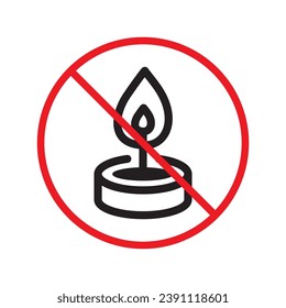 Forbidden candle icon. No candle vector sign. Prohibited Warning restriction label danger candle icon.  Caution or attention concept. No fire restriction icon. Candle flat symbol pictogram UX UI