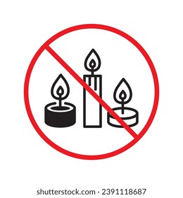 Forbidden candle icon. No candle vector sign. Prohibited Warning restriction label danger candle icon.  Caution or attention concept. No fire restriction icon. Candle flat symbol pictogram UX UI