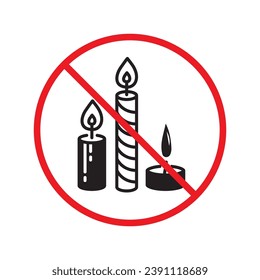 Forbidden candle icon. No candle vector sign. Prohibited Warning restriction label danger candle icon.  Caution or attention concept. No fire restriction icon. Candle flat symbol pictogram UX UI