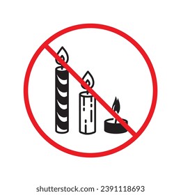 Forbidden candle icon. No candle vector sign. Prohibited Warning restriction label danger candle icon.  Caution or attention concept. No fire restriction icon. Candle flat symbol pictogram UX UI
