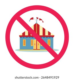 Forbidden carnival building icon, circus tent with red crossed circle symbol, no circus tent allowed symbol, carnival tent not permitted icon, forbidden funfair attraction icon
