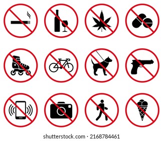 Forbidden Caution Pictogram Set. Restriction Area Ban Black Silhouette Icon Collection. Warning Red Stop Circle Symbol. Alert No Allowed Zone Sign. Prohibited Icon. Isolated Vector Illustration.