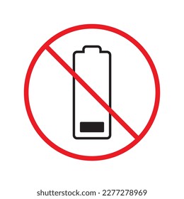 Icono vectorial de carga prohibido. Sin diseño de señal plana vectorial de carga. Icono de alta tensión prohibido. Advertencia, precaución, atención, restricción, peligro de prohibición de etiquetas. Sin pictograma de símbolo de batería de electricidad
