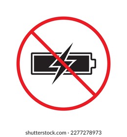 Icono vectorial de carga prohibido. Sin diseño de señal plana vectorial de carga. Icono de alta tensión prohibido. Advertencia, precaución, atención, restricción, peligro de prohibición de etiquetas. Sin pictograma de símbolo de batería de electricidad