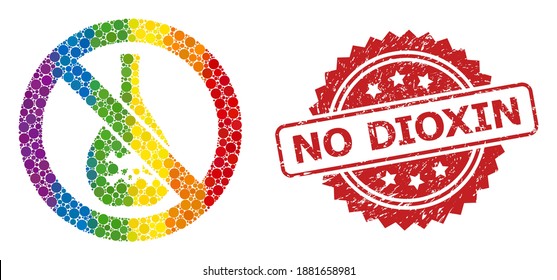 Forbidden chemicals collage icon of round spots in different sizes and LGBT color tinges, and No Dioxin unclean rosette seal imitation. A dotted LGBT-colored Forbidden chemicals for lesbians,
