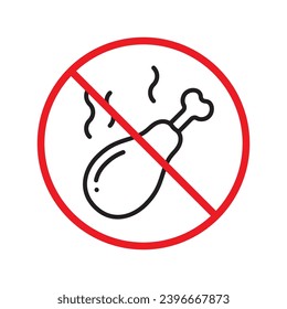 Icono vectorial de pierna de pollo prohibido. Advertencia, precaución, atención, restricción, etiqueta, prohibición, peligro. No hay símbolo de pictograma de diseño plano de pierna de pollo. No hay un icono de pierna de pollo UI