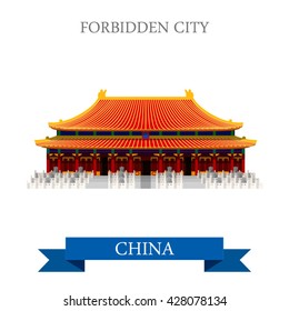 Forbidden City in Beijing China. Flat cartoon style historic sight showplace attraction web site vector illustration. World countries cities vacation travel sightseeing Asia Asian Chinese collection.