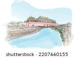 forbidden city in beijing china. watercolor, vector illustration for calendar, post card, poster, social media post