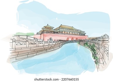 Forbidden City In Beijing China. Watercolor, Vector Illustration For Calendar, Post Card, Poster, Social Media Post