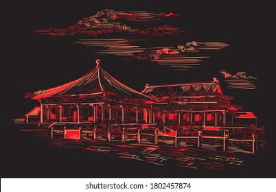 Forbidden city in Beijing, landmark of China. Hand drawn vector sketch illustration in monochrome colors isolated on red background. China travel Concept. Stock illustration