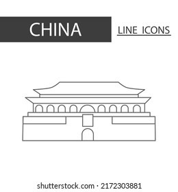 The Forbidden City China icon. Icons set of black thin line. Architecture, tradition and more is signature of China.