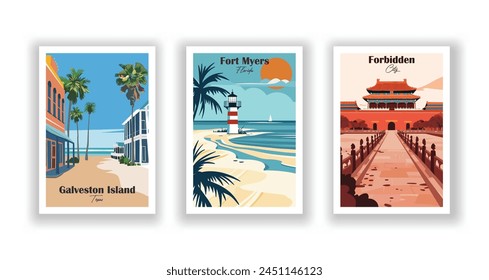 Forbidden City, Fort Myers, Florida, Galveston Island, Texas - Vintage travel poster. Vector illustration. High quality prints