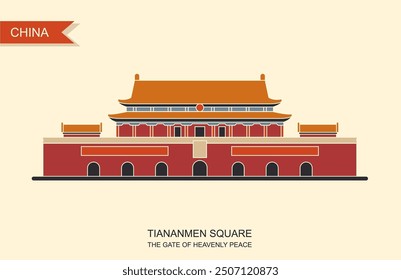 Forbidden City. Gate of Heavenly Peace. Tiananmen Square. Flat vector icon