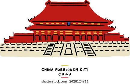 Forbidden City Palace complex Beijing Landmark Architecture Hand drawn colour Illustration