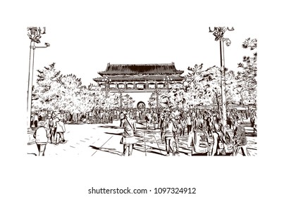 The Forbidden City is a palace complex in central Beijing, China. Hand drawn sketch illustration in vector.