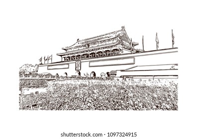 The Forbidden City is a palace complex in central Beijing, China. Hand drawn sketch illustration in vector.