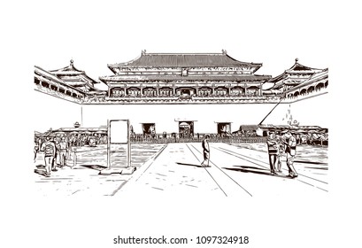 The Forbidden City Is A Palace Complex In Central Beijing, China. Hand Drawn Sketch Illustration In Vector.