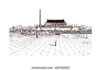 The Forbidden City is a palace complex in central Beijing, China. Hand drawn sketch illustration in vector.