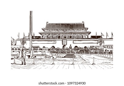 The Forbidden City is a palace complex in central Beijing, China. Hand drawn sketch illustration in vector.