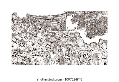 The Forbidden City is a palace complex in central Beijing, China. Hand drawn sketch illustration in vector.