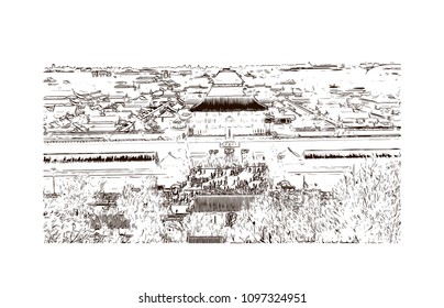 The Forbidden City is a palace complex in central Beijing, China. Hand drawn sketch illustration in vector.