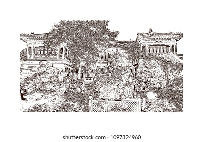 The Forbidden City is a palace complex in central Beijing, China. Hand drawn sketch illustration in vector.